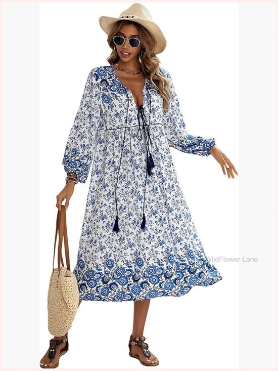 Dresses & Skirts - Long Sleeve Floral Print V Neck Tassel Bohemian Midi Dress
